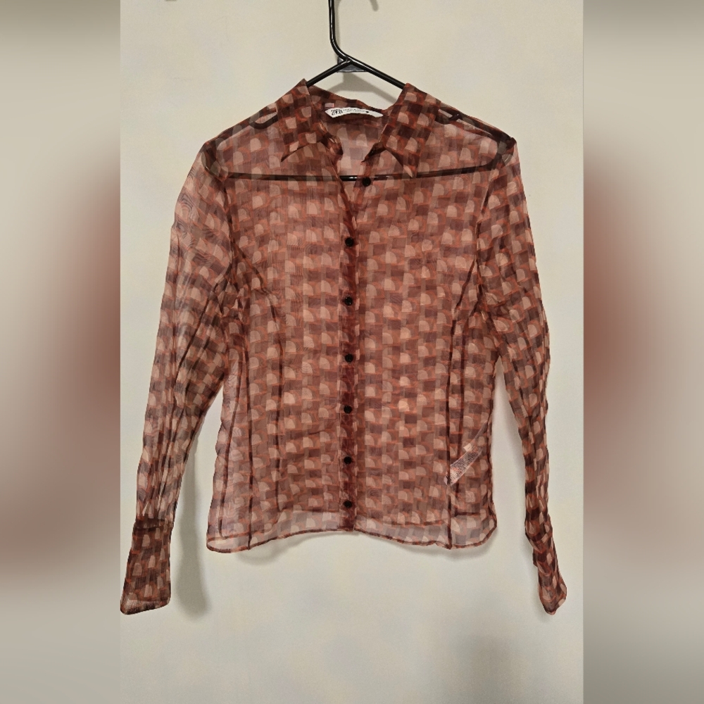 NWOT Zara Brown/Red Printed Organza Sheer Button Down Shirt Blouse Top